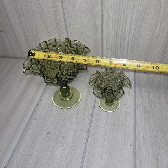 Vtg Fenton Hobnail Footed Green Glass Ruffle Compote Dish Set MCM - Picture 6 of 6